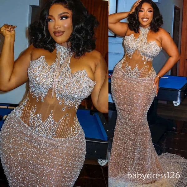 Aso Ebi Ivory Mermaid Prom Dresses 2026 Pearls Crystals Illusion Evening Formal Party Second Birthday Engagement Gowns Plus Size Dress For Special Occasions