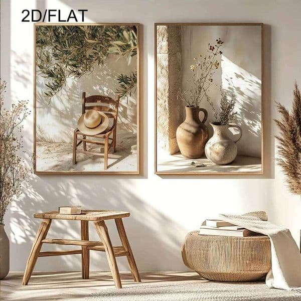 2pcs Mediterranean Landscape Canvas Prints Poster Straw Hat Chair Olive Tree Terracotta Vase Art Print Country Style Home Decor 26Y0306