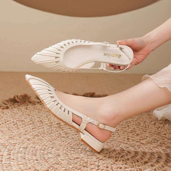 Women Summer Slingback Low Heels Pointed Toe Pleated Cutout Comfortable Elegant Dress Shoes for Casual Formal Daily Party Office