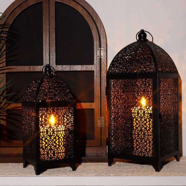 2Pcs Metal Holder Black Vintage Candle Decorative Hanging Lantern with Hollow Pattern for Party Garden Home Decor XJ260305