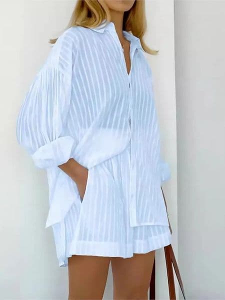 2024 Spring Summer Solid Cotton Short Two Piece Set Women Stripe Long Sleeve Shirts Shorts 2 Piece Sets Simple Style Lady Suit260227BJ