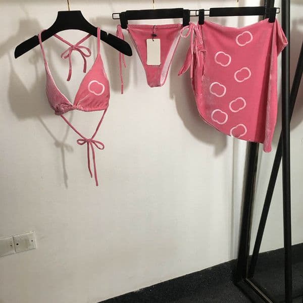 Designer Velvet Bikini Swimwear Women Sexy Pink Swimsuits With Cover Up Skirt Birthday Beach Holidays Charming Bathing Suit