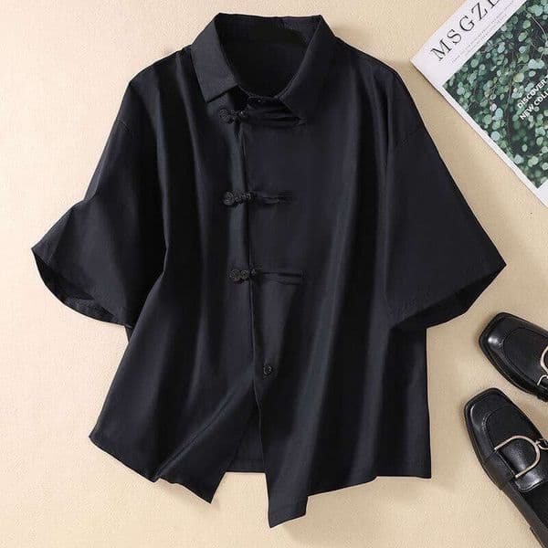 Retro Slanted Placket Buckle Loose Long Sleeve Pure Cotton Slit DesignChinese Cross-Button Shirt Summer Turn-down Collar Casual Loose Irregular Women Tops
