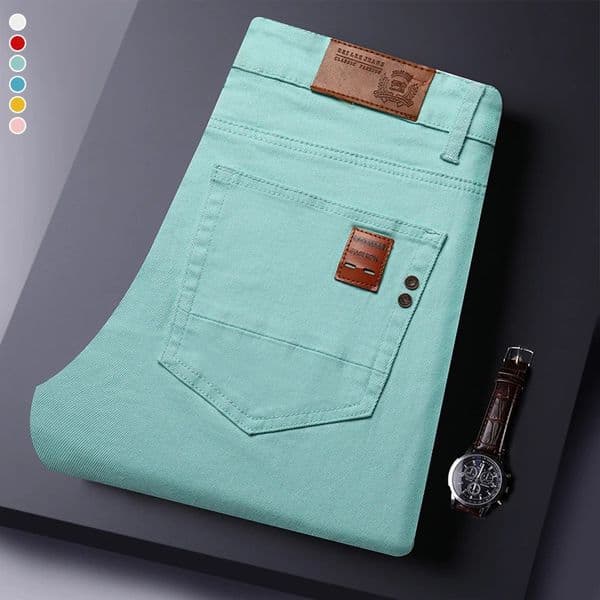 2025 Autumn Mens Elastic Colorful Jeans Breathable Casual Straight Fitted Solid Color Denim Pants Korean Fashion Trousers 260228