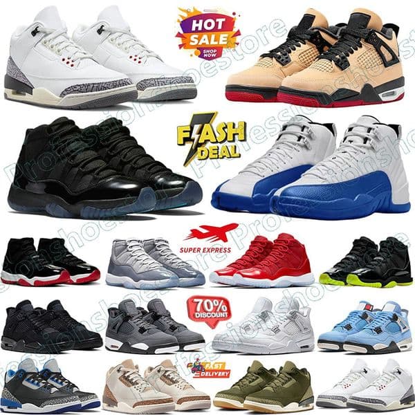 Designer Basketball Shoes 3s 4s 11s 12s Sneakers Military Black Cat University Blue Red Cement Thunder Pine Green White Oreo Cool Grey Sports Men Women Trainers 3647 Q