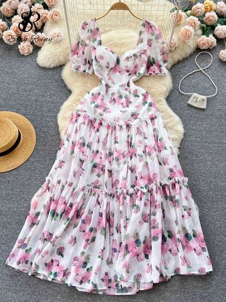 SINGREINY Beach Vacation Floral Print Dress Women Backless Lace Up Cross Bandage Ruched Korean Hotsweet Fashion Party Long Dress X260306