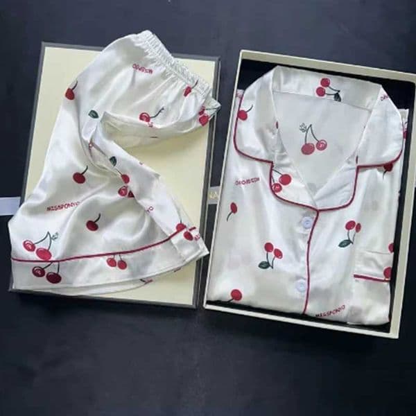 Cherries Print Two Pieces Pajamas Set Summer Faux Stain Pajamas Fashion Home Clothes Ladies Casual Shorts and Top Set Pijamas Y260306