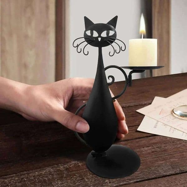 Vintage Black Cat Metal Candlestick Holder for Cylindrical or LED Flameless Candle Home Table Decoration Halloween Party Decor XJ260305