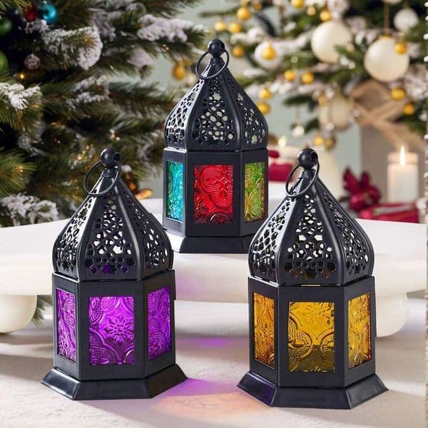 1 piece, decorations Christmas decorative candlestick, colored glass bead hollowed-out metal candlestick XJ260305