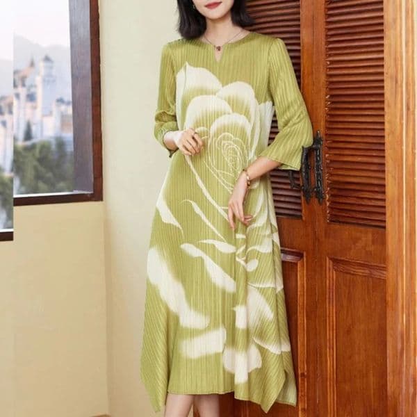 Womens Dresses Dress Elegant and Peony Flower Print Cropped Sleeve Pleated Loose Miyake Round Neck 260306