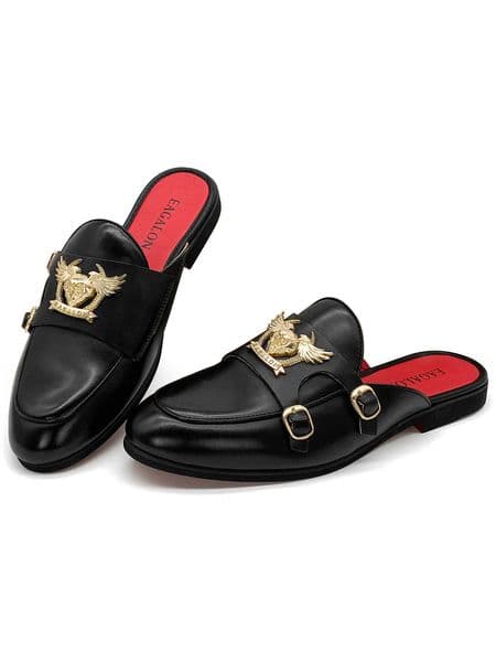 Luxury Men's Black Leather Mules Slippers With Eagle Badge Double Buckle Red Insole Fashion Streetwear Party Slip-On Loafers