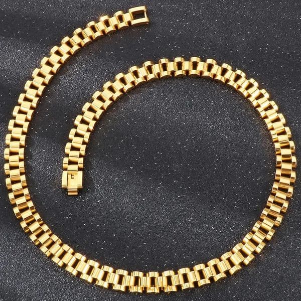 455060CM 10MM Watch Strap Chain Style Necklace For Men Women Gold Color Stainless Steel Choker Necklaces Jewellery Accessories 250930