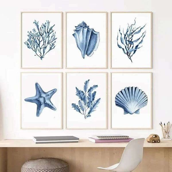 Coral Seaweed Starfish Shell Conch Navy Blue Posters Prints Wall Art Canvas Painting Pictures For Living Room Decor 26Y0306
