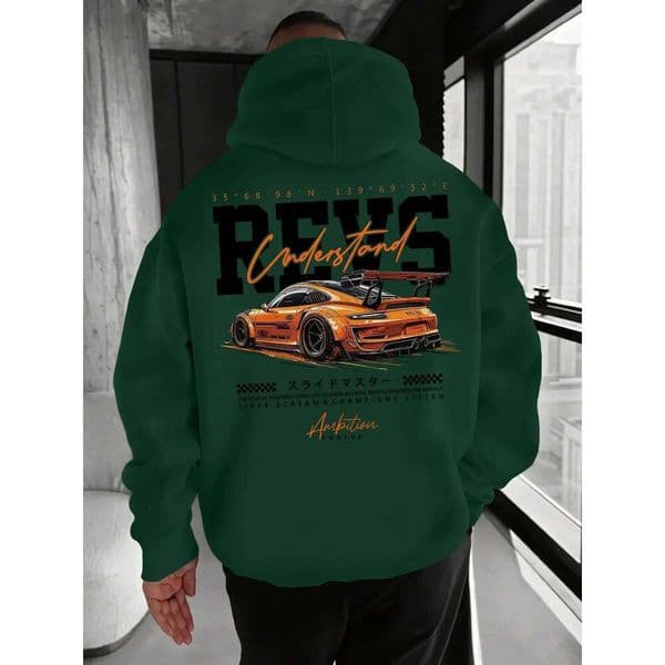 New fashion men's black hooded sweatshirt with white JDM car and pink cherry blossom back print, Japanese street style pullover J260306