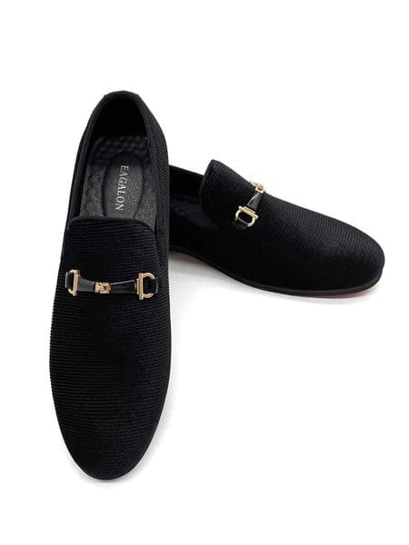 Men's Black Corduroy Velvet Loafers with Gold Embellishment Luxury Dress Shoes with Red Bottom Vintage Corduroy Slip-On Loafers