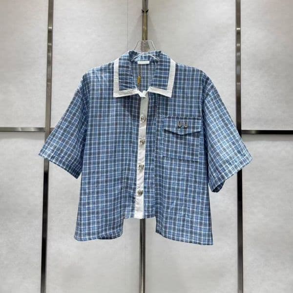 Women Heart Buttons Shirt Plaid Pattern T Shirt Korean Style Blouses Short Sleeved Lapel Neck Blue Shirts