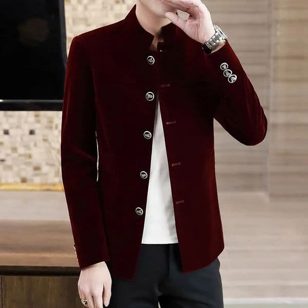 Mens Light Golden Velvet Coat Youth Fashion Trend Solid Color Stand Collar MAO Suit Handsome Boutique Item 260302