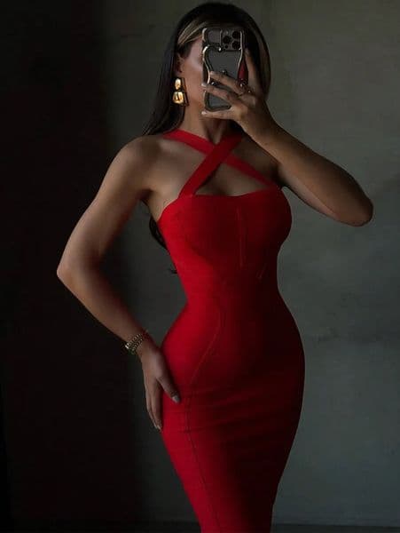 Sexy Halter Red Ribbed Midi Bodycon Dress For Women Bandage Elegant Night Out Evening Cocktail Party Summer Clothes 260302