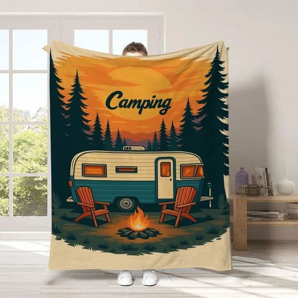 Flannel Throw Blanket Soft Cozy Naptime with Rustic Camping Print AllSeason for Outdoor Lovers Sofa Decor Gift 260304