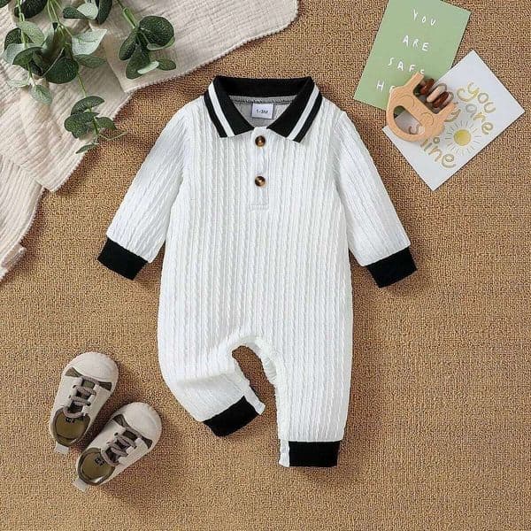 Baby Boys Autumn Solid WhiteTurn-down Collar Casual Daily Jumpsuit With Button For Newborn-18M Clothing Wear Z260306