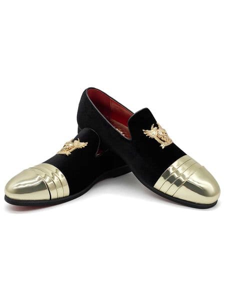 Men's Luxury Black Velvet Loafers Gold Cap Toe and Ornate Eagle Badge Red Bottom Dress Shoes