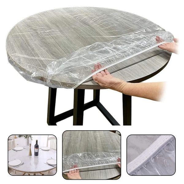 PVC Round Elastic Tablecloth Transparent Edged Table Covers Home Plastic Waterproof Oil-proof Dinning Table Protector Cover 260304BJ