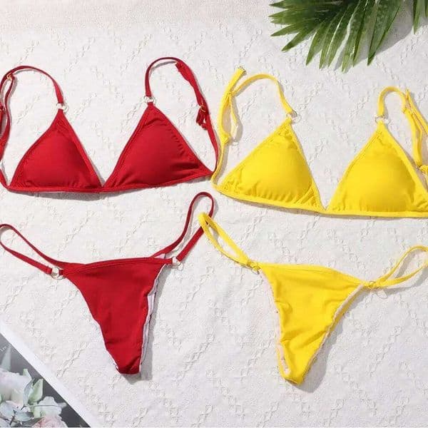 New Ladies Sexy Solid Color Sling Backless Bikini Set Metal Buckle Decorated Brazilian Beach Vacation Split Swimwear Y260303