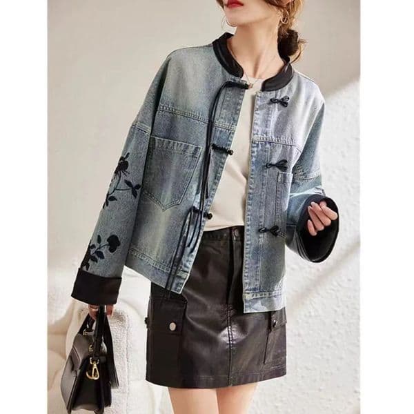 2025 Vintage print Denim Jacket Women Spring Autumn fashion Long sleeve Jeans Short Coat female Loose Cowboy Outwear T167 260306