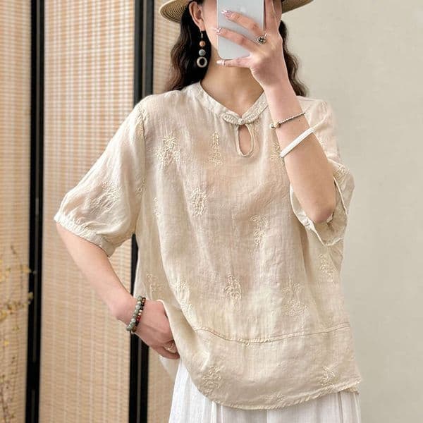 Summer women's casual loose jacquard linen shirt women's new Chinese short sleeved summer women's versatile top