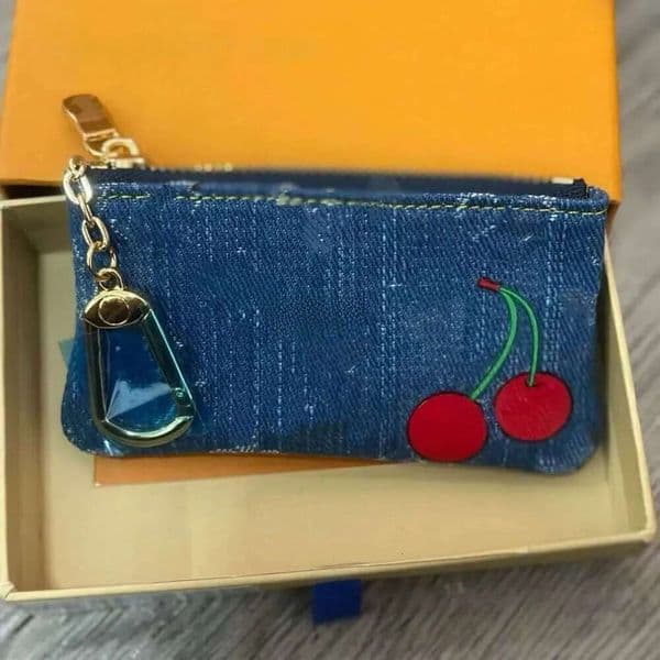 Women's Cherry Printed Cowboy Coin Wallet - Cute Zipper Bag with Keychain for Storage