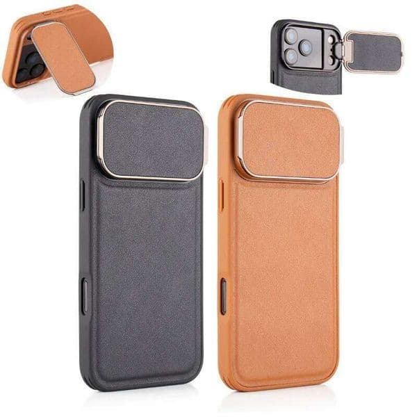 Metal Flip Bracket Protection Camera Lens Shockproof Leather Phone Case For iPhone 17 15 16 Pro Max Bumper Back Cover H260305