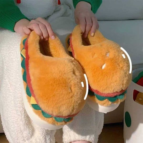 Women Winter Warm Slippers Cute Cartoon Hamburger Home Floor Platform Shoes Thick Sole Soft Plush Girls Indoor Fluffy Slipper S260305