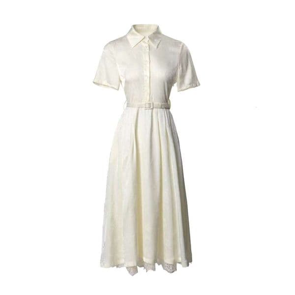 2026 q26 spring and summer fashion elegant hollow lace up designer waist cinching short sleeved long skirt suitable for French commuting