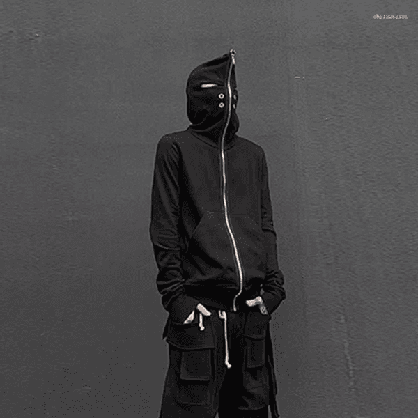 Men's Hoodies High Street Fashion Hooded Sweatshirts Hole Design Zip Up Black Solid Clothing