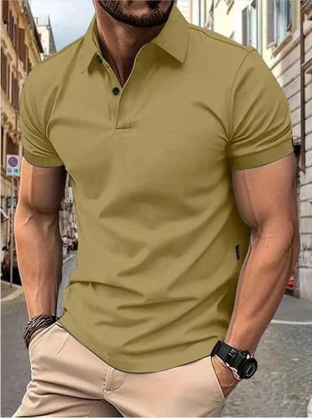 Mens solid color short-sleeved button-down lapel T-shirt casual top 260305