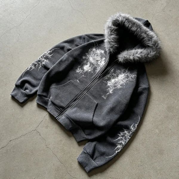 Women Pink Faux Fur Trim Glitter Thorn Print Zip Up Hoodie 2026 Y2K Sweet Cool Oversized Hooded Sweatshirt 260228