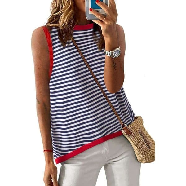 Designer Womens Summer Tops 2026 Casual Striped Color Block Neck Tank Top Loose Knit High Low Sleeveless Shirts Blouses