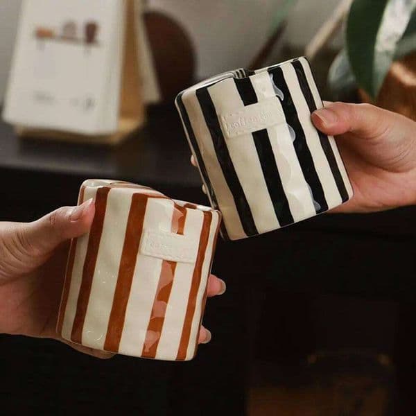 Modern Striped Ceramic Coffee Hand Painted Simple Flower Tea Cup Breakfast Milk Couple Mug Birthday Gift Home Decor 26L0306