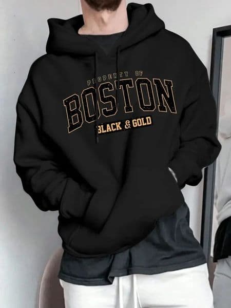 Mens Boston Letter Printed Fleece Warm Hood Adjustable Drawstring Comfortable Outdoor Use Autumn Winter Casual Fashion Hoodie 260304