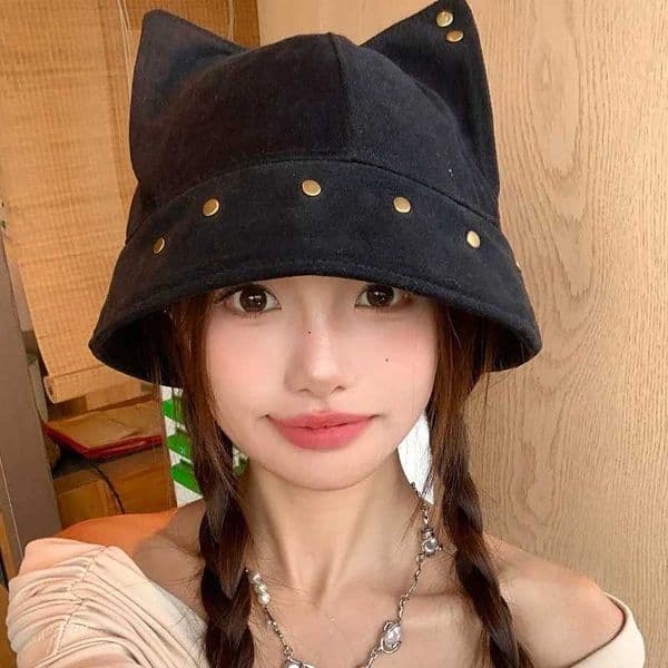 Cute Three-dimensional Cat Ears Rivets Personalized Bucket Hat Spring and Autumn Versatile Trend Sunshade Basin Cap for Womens L251220