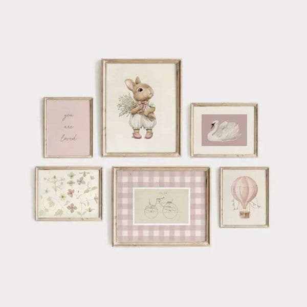 Pink Nursery Gallery Poster Vintage Kids Swan Rabbit Canvas Painting Light Color Dorm Room Aesthetic Wall Art 26Y0305