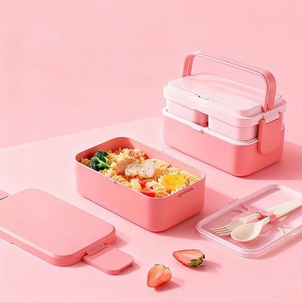 Portable Lunch Box Bamboo Fiber 3in1 Double Layer Bento BOX Microwave Spoon Fork Women Girl School Kids Picnic Bento Box 260305