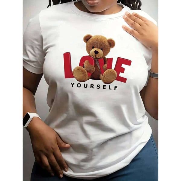 Trendy Adorable Bear and Love Designsprinted with Round Neck for Summer Women's Short Sleeve Tops Fashion Clothing J260306