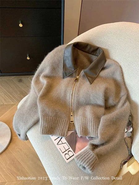 French Vintage Knitted Pullover Women Classical Oversized Sweater Turn-Down Collar Long Sleeve Cardigan Korean Y2K Streetwear M260306