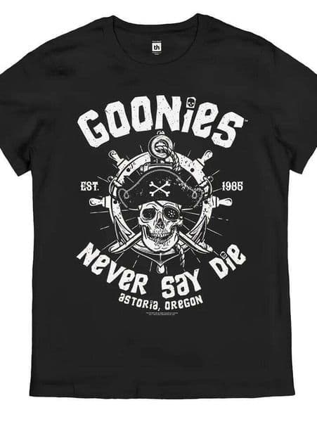 Men's Goonies Never Say Die Retro T-Shirt Officially Inspired 80s Movie Logo Iconic Skull Crossbones Pirate Design L260306