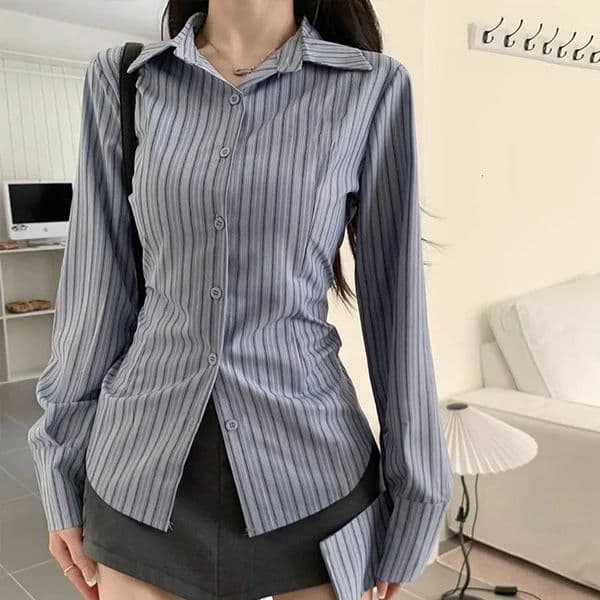 Korean Blue Striped Long Sleeve Shirt Jacket Womens Spring Waist Cinching Slimming Top Women Clothing 260306
