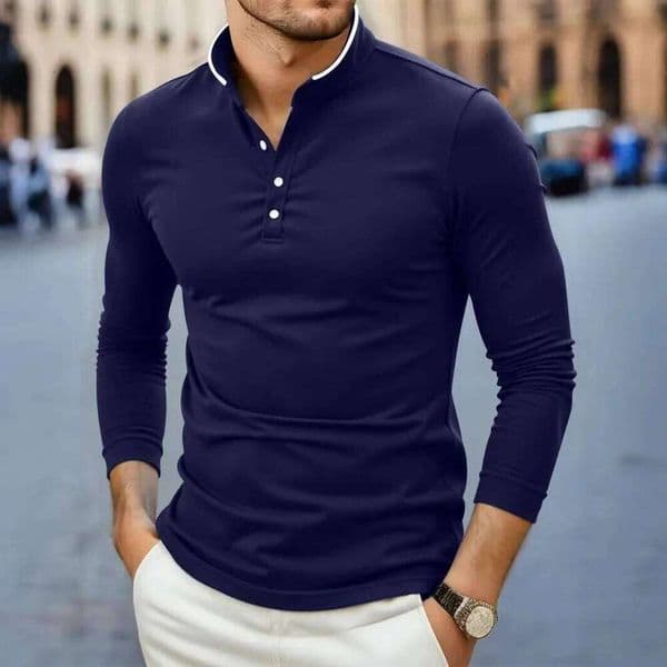2025 New Men's Casual Fashionable Solid Color Long Sleeved Stand Up Collar T-shirt Summer Versatile and Comfortable Top Z260306