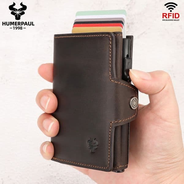HUMERPAUL Smart Pop Up Card Wallet for Men RFID Genuine Leather Card Case Slim Women Zip Coin Purse with Notes Compartment260305