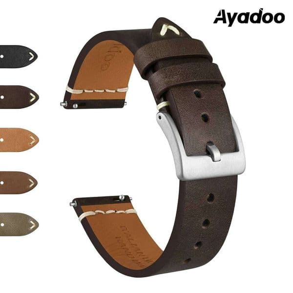 Ayadoo Italian Leather Watch Band, Military Style Quick Release Wristband for Men, Stainless Steel Buckle, Band Size 18 20 22mm H260305