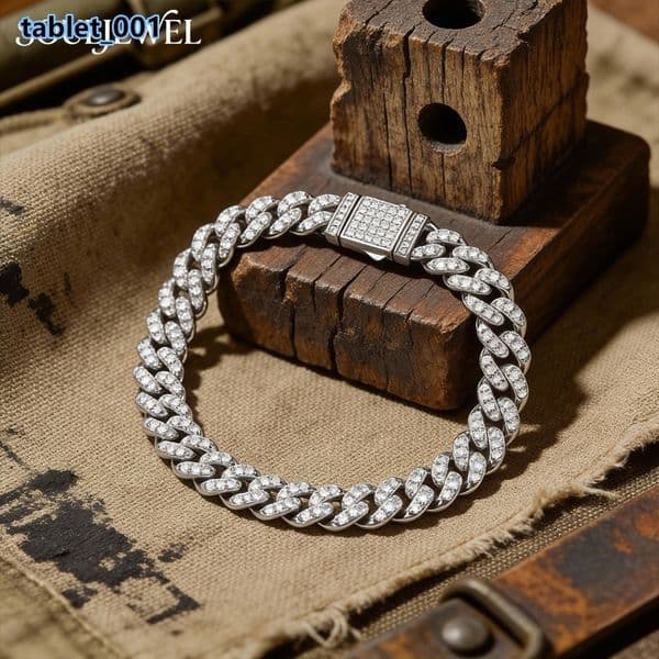 Sterling Silver Rhodium Plated Cuban Chain Bracelet with Moissanite Pave Link Hip Hop Style GRA Certified Jewelry for Daily Wear